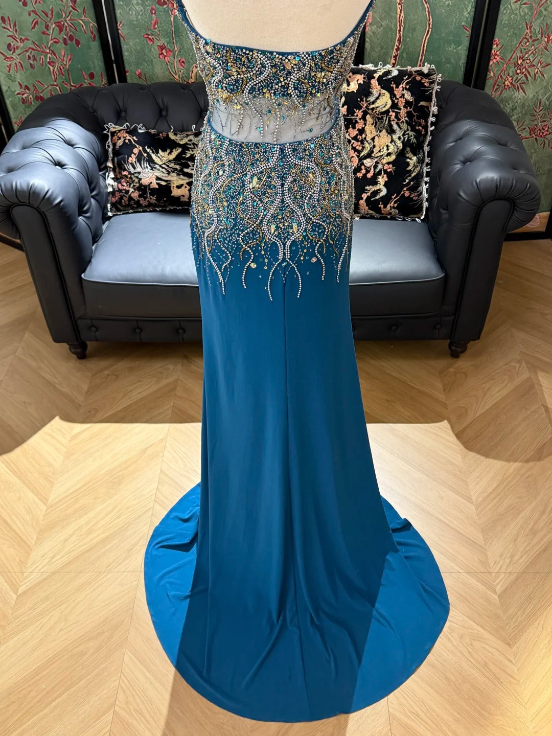 Luxurious Sparkling Blue Sweetheart Beaded Satin Long Prom Dress Evening Dress P4827