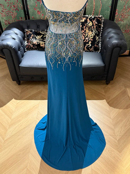 Luxurious Sparkling Blue Sweetheart Beaded Satin Long Prom Dress Evening Dress P4827