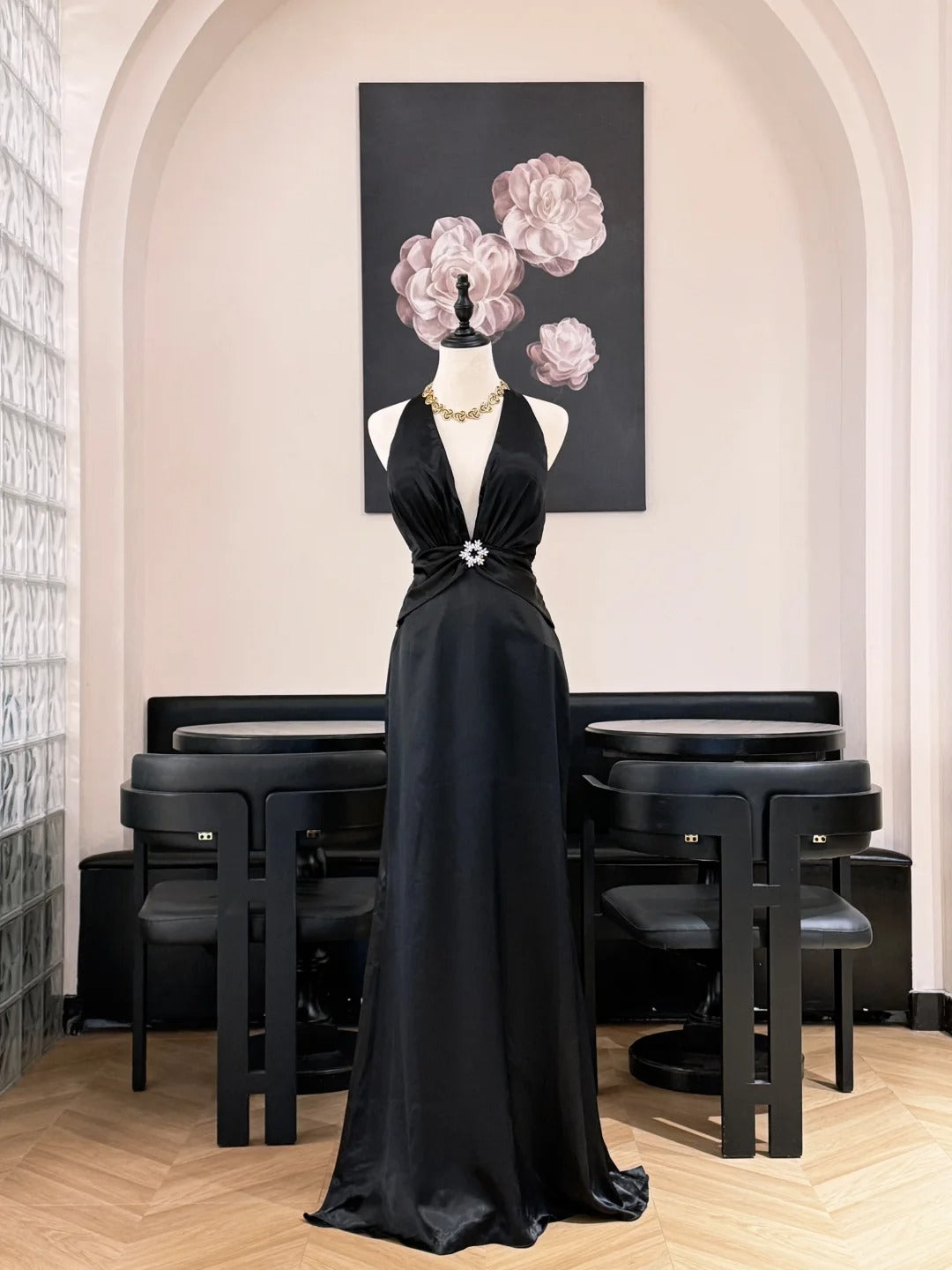 Simple Black Halter Neck Backless Satin Train Prom Dress Evening Dress P4828