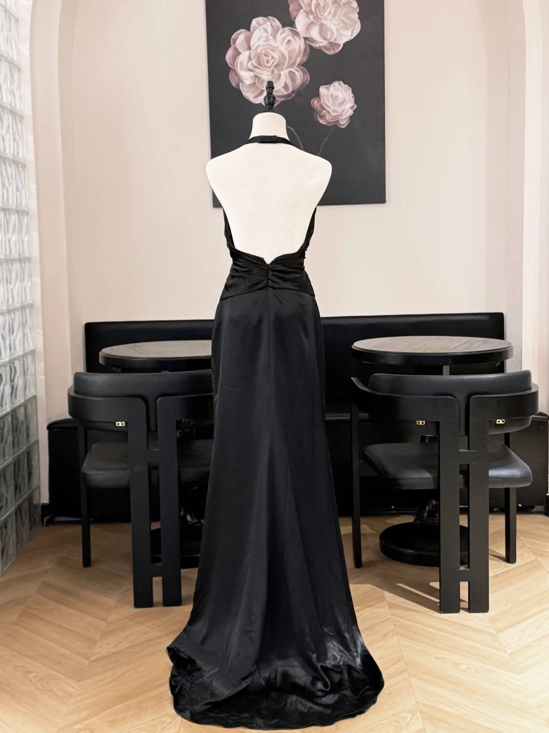 Simple Black Halter Neck Backless Satin Train Prom Dress Evening Dress P4828