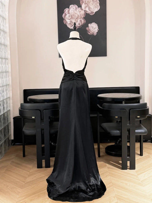 Simple Black Halter Neck Backless Satin Train Prom Dress Evening Dress P4828