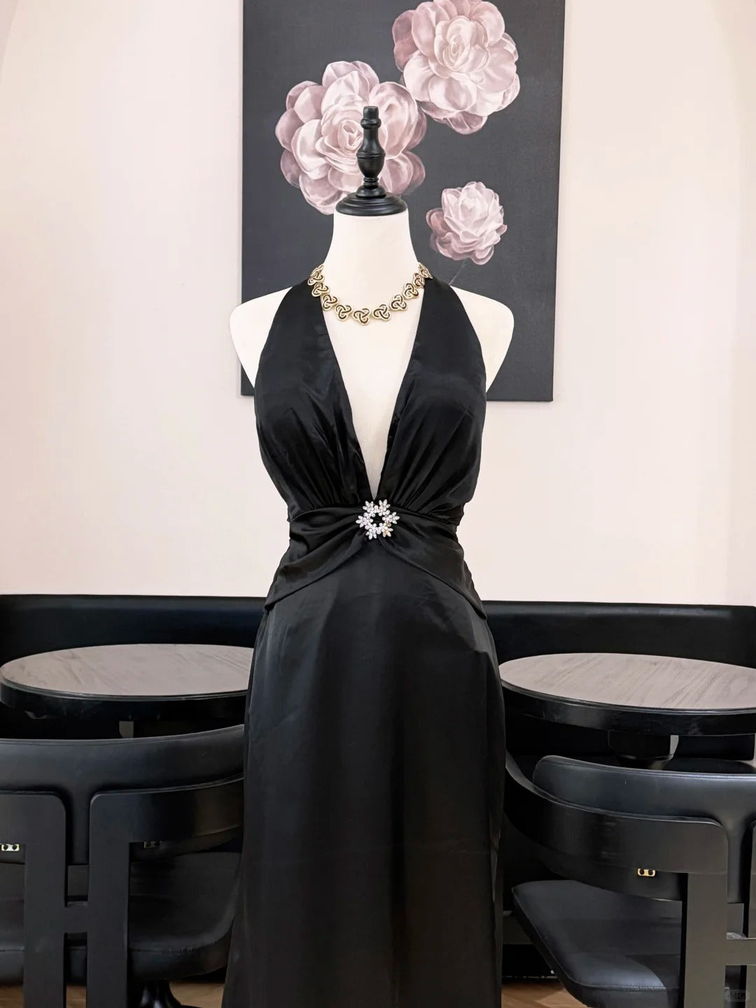 Simple Black Halter Neck Backless Satin Train Prom Dress Evening Dress P4828