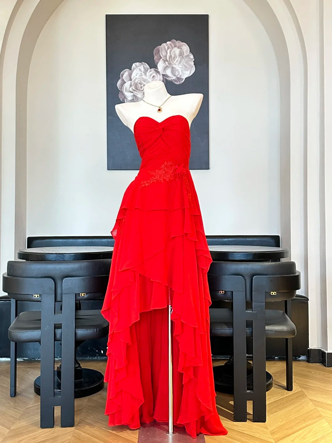 Stunning Red Strapless High-Low Chiffon Long Prom Dress Evening Dress P4829