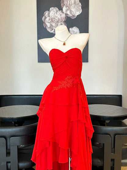 Stunning Red Strapless High-Low Chiffon Long Prom Dress Evening Dress P4829