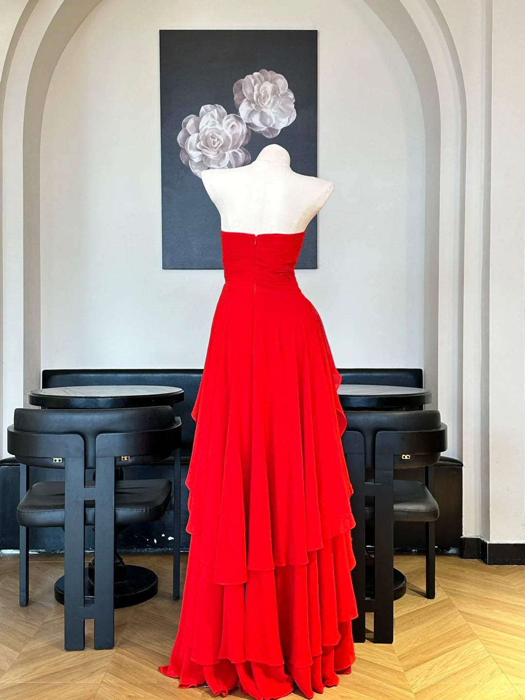 Stunning Red Strapless High-Low Chiffon Long Prom Dress Evening Dress P4829