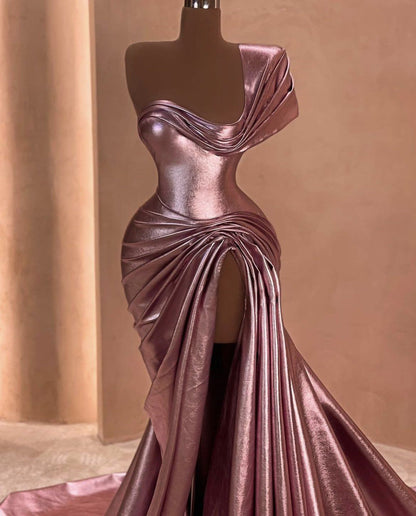 Girlhomeshops-Pink Elegant Long Satin Prom dress Evening Dress Party Dress gh5028