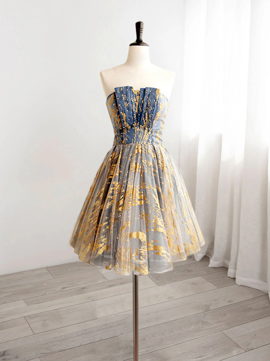 Vintage Sequin Beaded Strapless Ruffled Hem Design A-line Tulle Party Dress Homecoming Dress TP4062
