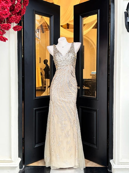 Luxurious Sparkling Champagne Mermaid V-Neck Sequin Tulle Long Prom Dress Evening Dress P4830