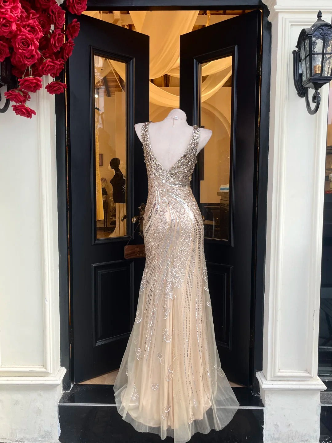 Luxurious Sparkling Champagne Mermaid V-Neck Sequin Tulle Long Prom Dress Evening Dress P4830