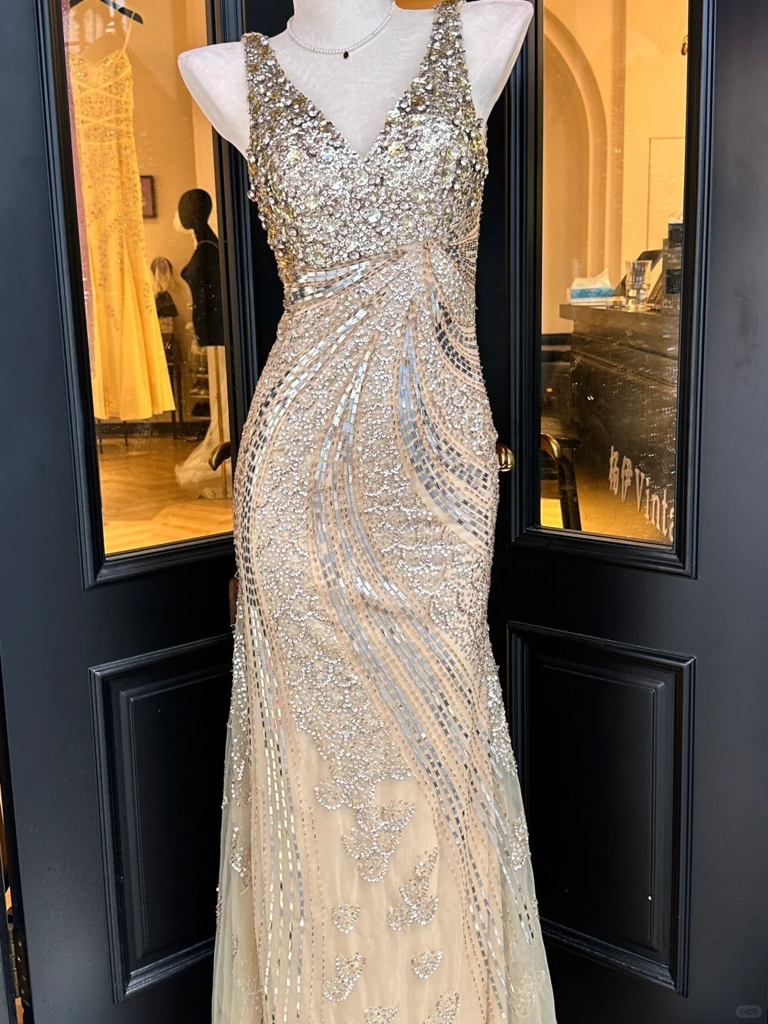 Luxurious Sparkling Champagne Mermaid V-Neck Sequin Tulle Long Prom Dress Evening Dress P4830