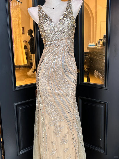 Luxurious Sparkling Champagne Mermaid V-Neck Sequin Tulle Long Prom Dress Evening Dress P4830