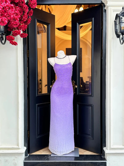Dreamy Purple Cross Back Beaded Tulle Long Prom Dress Evening Dress P4831
