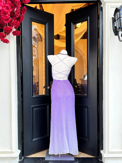 Dreamy Purple Cross Back Beaded Tulle Long Prom Dress Evening Dress P4831