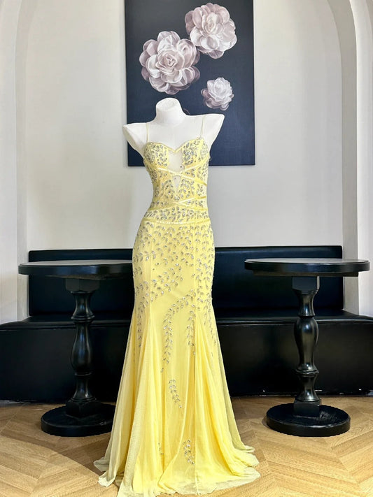 Vintage Yellow Mermaid Leaf Beaded Tulle Long Prom Dress Evening Dress P4832
