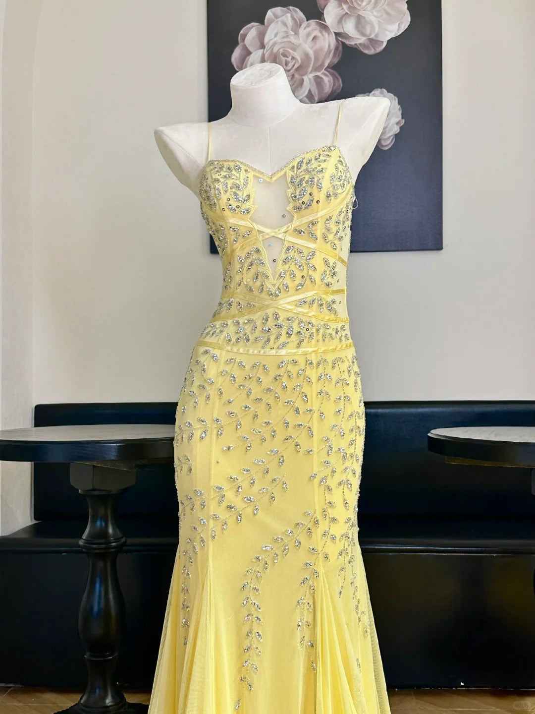 Vintage Yellow Mermaid Leaf Beaded Tulle Long Prom Dress Evening Dress P4832