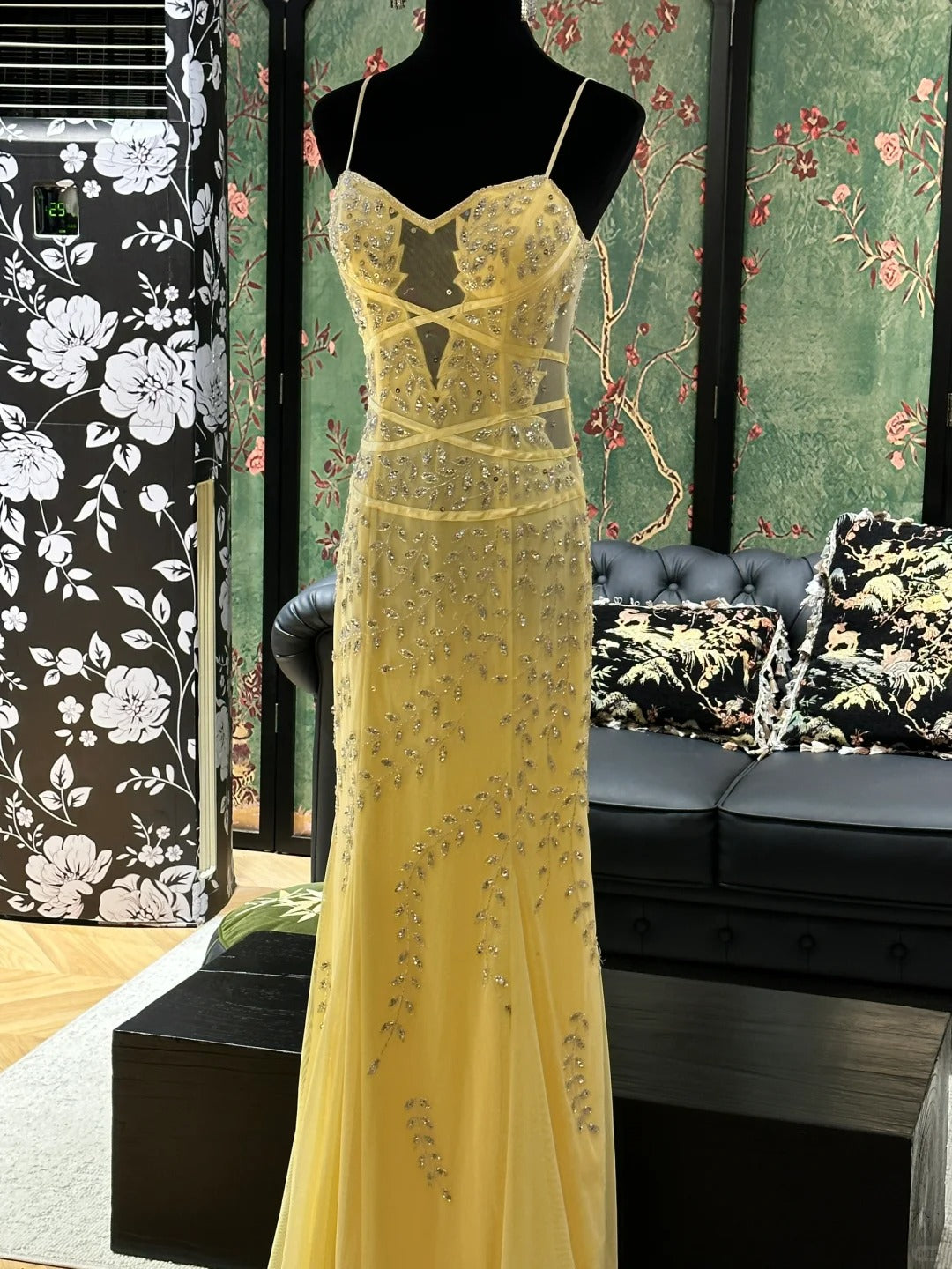 Vintage Yellow Mermaid Leaf Beaded Tulle Long Prom Dress Evening Dress P4832