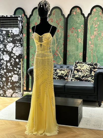 Vintage Yellow Mermaid Leaf Beaded Tulle Long Prom Dress Evening Dress P4832