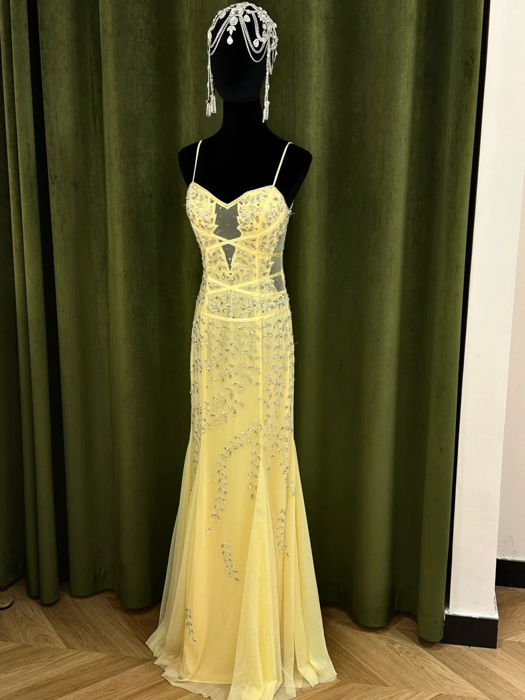 Vintage Yellow Mermaid Leaf Beaded Tulle Long Prom Dress Evening Dress P4832