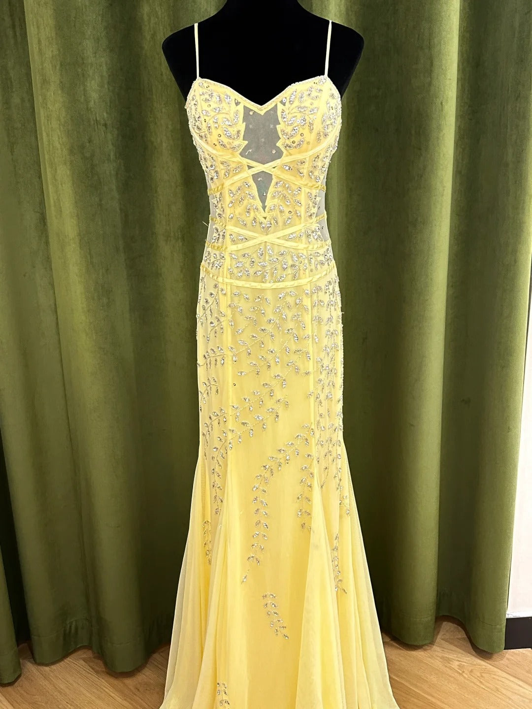 Vintage Yellow Mermaid Leaf Beaded Tulle Long Prom Dress Evening Dress P4832