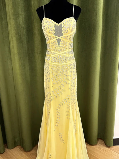 Vintage Yellow Mermaid Leaf Beaded Tulle Long Prom Dress Evening Dress P4832