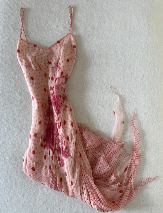 Vintage Pink Spaghetti Strap Polka Dot Print Irregular Chiffon Long Prom Dress P4833