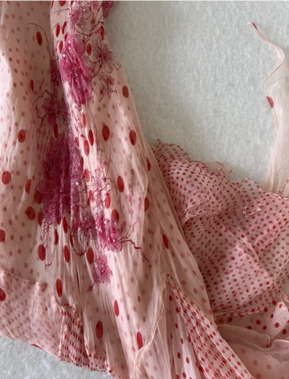 Vintage Pink Spaghetti Strap Polka Dot Print Irregular Chiffon Long Prom Dress P4833