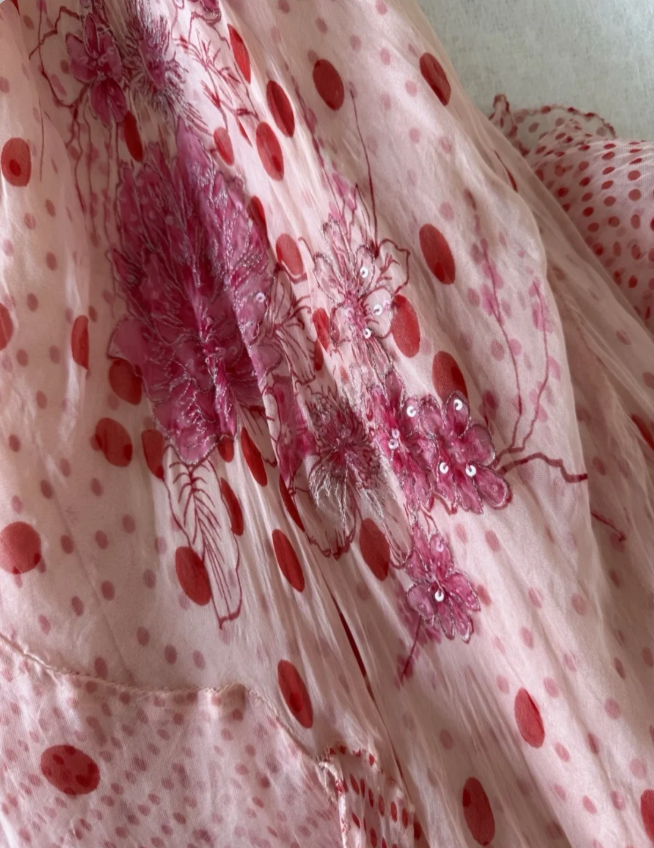 Vintage Pink Spaghetti Strap Polka Dot Print Irregular Chiffon Long Prom Dress P4833