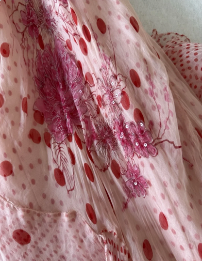 Vintage Pink Spaghetti Strap Polka Dot Print Irregular Chiffon Long Prom Dress P4833