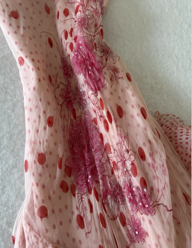 Vintage Pink Spaghetti Strap Polka Dot Print Irregular Chiffon Long Prom Dress P4833