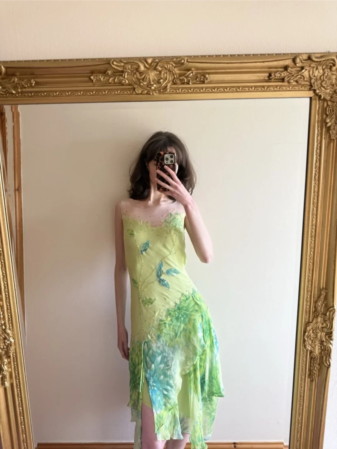 Fresh Green Sleeveless Leaf Sequin Irregular Chiffon Prom Dress P4834