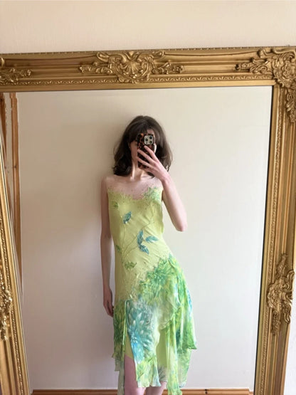 Fresh Green Sleeveless Leaf Sequin Irregular Chiffon Prom Dress P4834