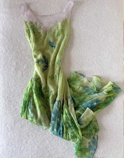 Fresh Green Sleeveless Leaf Sequin Irregular Chiffon Prom Dress P4834