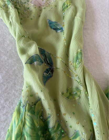 Fresh Green Sleeveless Leaf Sequin Irregular Chiffon Prom Dress P4834