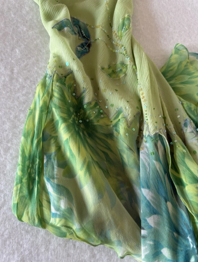 Fresh Green Sleeveless Leaf Sequin Irregular Chiffon Prom Dress P4834