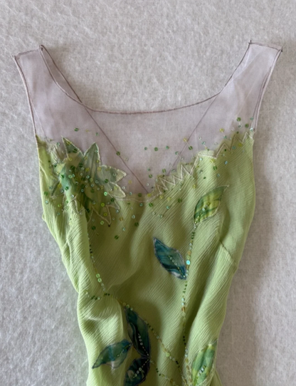 Fresh Green Sleeveless Leaf Sequin Irregular Chiffon Prom Dress P4834