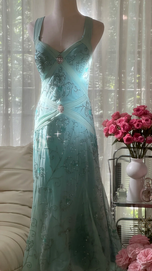 Retro Sparkling Light Blue Sweetheart Design A-line Romantic Chiffon Evening Dress Prom Dress TP4000