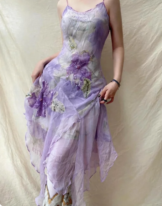 Elegant Lavender Spaghetti Strap Sequin Beaded Irregular Chiffon Prom Dress P4835
