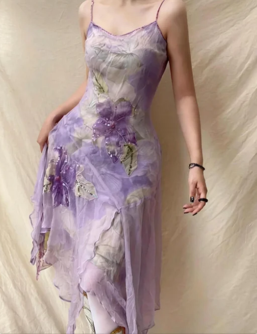 Elegant Lavender Spaghetti Strap Sequin Beaded Irregular Chiffon Prom Dress P4835