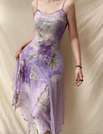 Elegant Lavender Spaghetti Strap Sequin Beaded Irregular Chiffon Prom Dress P4835