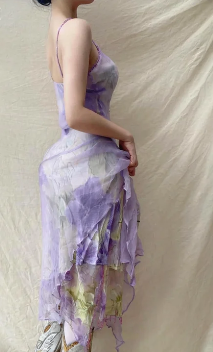 Elegant Lavender Spaghetti Strap Sequin Beaded Irregular Chiffon Prom Dress P4835