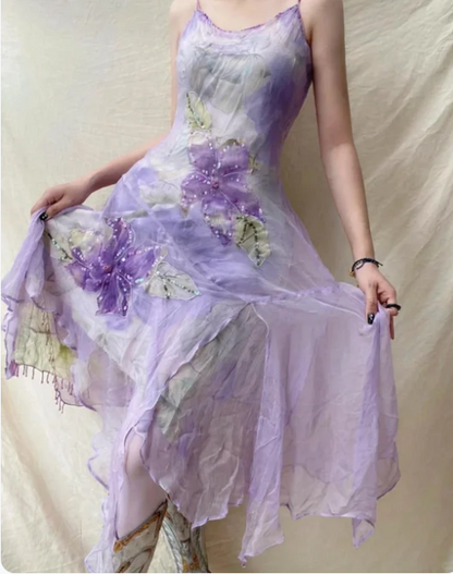 Elegant Lavender Spaghetti Strap Sequin Beaded Irregular Chiffon Prom Dress P4835