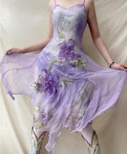 Elegant Lavender Spaghetti Strap Sequin Beaded Irregular Chiffon Prom Dress P4835