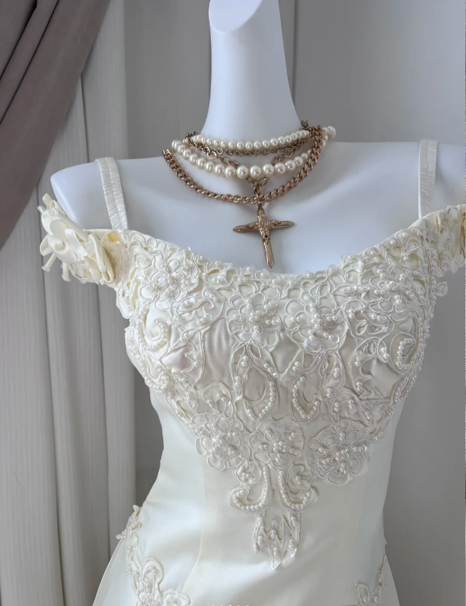 Vintage Ivory Pearl Lace Satin Long Prom Dress P4836