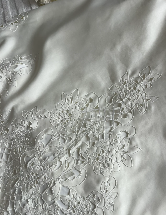 Vintage Ivory Pearl Lace Satin Long Prom Dress P4836