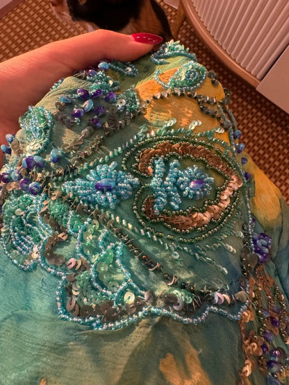 Gorgeous Blue-Green Tie-Dye Spaghetti Strap Beaded Irregular Chiffon Long Prom Dress P4840