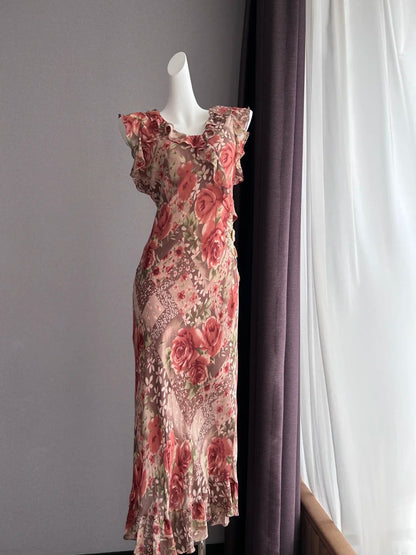 Vintage Coffee Pink Rose Sleeveless Ruffle Mermaid Chiffon Long Prom Dress Evening Dress P4841