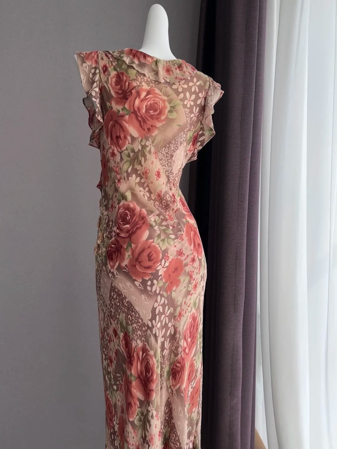 Vintage Coffee Pink Rose Sleeveless Ruffle Mermaid Chiffon Long Prom Dress Evening Dress P4841