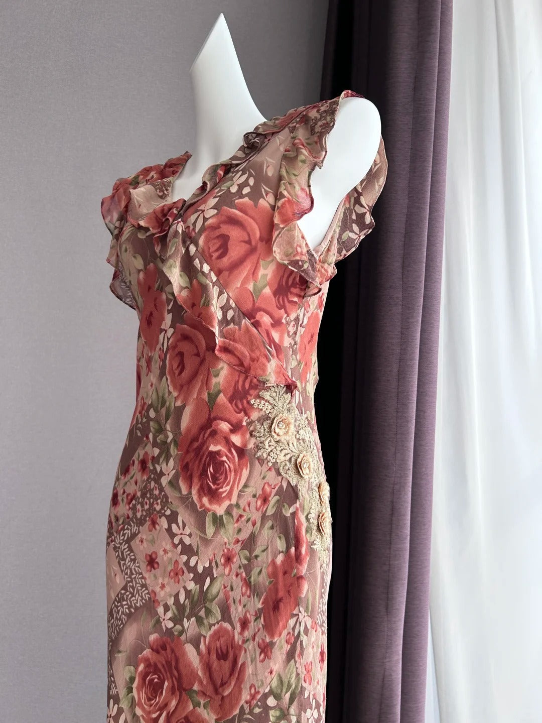 Vintage Coffee Pink Rose Sleeveless Ruffle Mermaid Chiffon Long Prom Dress Evening Dress P4841
