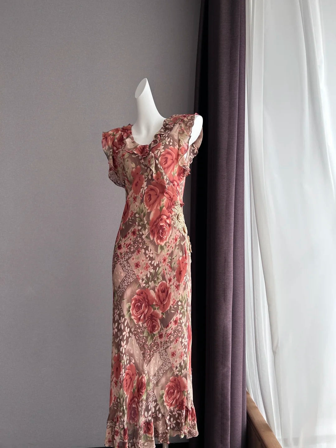 Vintage Coffee Pink Rose Sleeveless Ruffle Mermaid Chiffon Long Prom Dress Evening Dress P4841