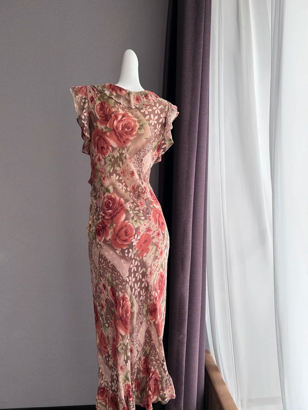 Vintage Coffee Pink Rose Sleeveless Ruffle Mermaid Chiffon Long Prom Dress Evening Dress P4841